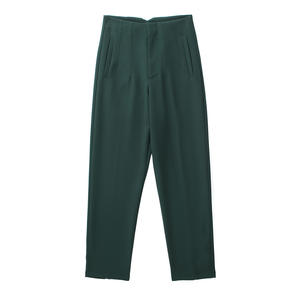 Pantalones casuales clásicos de mujer de cintura alta elástica, holgados, rectos, hasta el tobillo, transpirables, de color liso, estilo primavera con abertura frontal. - Product Image 3