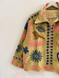 Hand Embroidered Quilted Woven <b>Velvet</b> Breathable Outdoor <b>Jacket</b> Floral Motifs Mandarin Collar Full Sleeve Boxy Style Spring Wear - Product Image 3