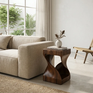 Contemporary Tropical Solid Suar Wood <b>Side</b> <b>Table</b> Sculptural Square Elegant Accent <b>Table</b> Handmade Durable Living Room - Product Image 5