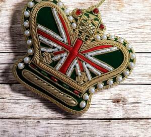 Royal Crown Zari Hanging with Union Jack <b>Embroidery</b> & Pearl Beadwork Metallic Thread <b>Fabric</b> Wall Ornament for <b>UK</b> Souvenir Decor - Product Image 2
