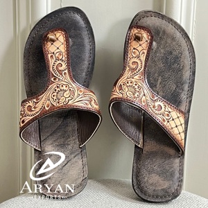 Sandalias de Punta abierta marrón para mujer, chanclas informales de cuero con estilo occidental, auténticas, hechas a mano, calzado de flores planas - Product Image 1