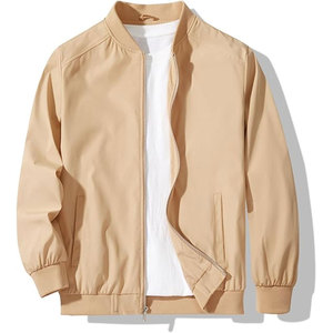 Blouson bomber beige pour homme, couleur unie, fermeture éclair, col montant, toile enduite, vêtement d'hiver décontracté - Product Image 1