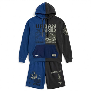 เสื้อฮู้ดดี้ดีไซน์เนอร์สั่งทำพิเศษ พิมพ์ลายสองสี สไตล์วินเทจ ขาดๆ แบบดิสเทรส พิมพ์ลาย 500 GSM ชุดเสื้อฮู้ดดี้และกางเกงขาสั้น - Product Image 1