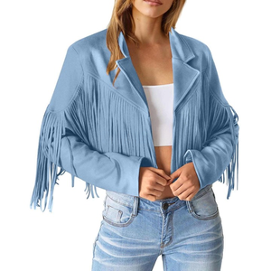 Premium Blue Fringe <b>Suede</b> <b>Leather</b> <b>Jacket</b> Genuine Soft Open Front Chest and Shoulder Fringes Customization Available - Product Image 2
