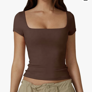 Camisetas flocadas de manga corta con cuello cuadrado para mujer, Camisetas básicas ajustadas para salir - Product Image 5