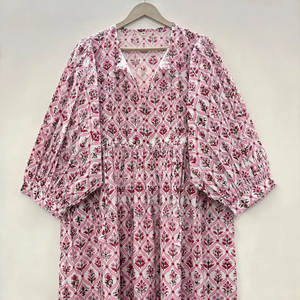 Robe midi décontractée en coton pour femme, manches ballon, taille empire, style babydoll, robe d'été, 100% coton, tunique ample à col en V, motif floral - Product Image 3