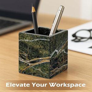 Porte-stylo en marbre, support pour pinceaux de maquillage et brosses à dents en pierre naturelle d'inspiration forestière, conteneur carré en marbre pour bougies, télécommandes - Product Image 2