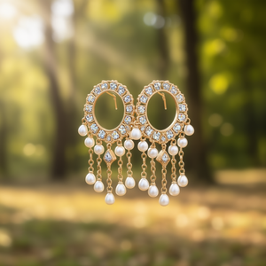 Matte Designer Charm Hoop Earrings with Zircon and Pearl - Product Image 3