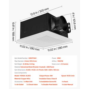 Ventilatore di scarico per bagno Premium 110 CFM a bassa rumorosità con 1.5 Sones e interfaccia per condotto da 4 pollici - Product Image 4