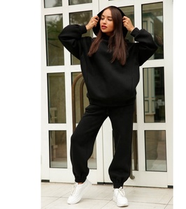 Hot sale winter fashion thick fleece pullover hoodie and blank trousers women's two piece set - Product Image 6