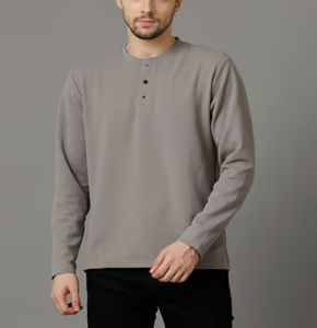 OEM Factory Direct Sale Men's T-Shirt 100% Cotton Henley Neck Button Placket Design Custom Logo Long Sleeve 200 GSM Regular Fit - Product Image 5