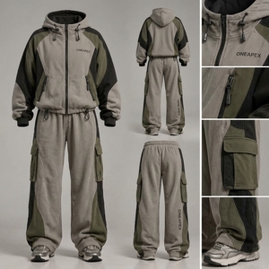 <b>Women's</b> Oversized <b>Cargo</b> Tracksuit Set Grey Green Color Block Hooded <b>Jacket</b> Wide Leg <b>Cargo</b> Pants Streetwear Custom - Product Image 3