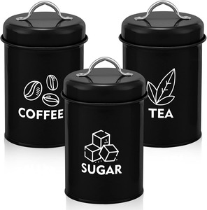Metal Coffee Tea Sugar Canisters Set With Lid Stylish Black Kitchen Storage Containers Perfect For Pantry Organization - Product Image 1