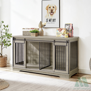 Exportation directe : Meuble d'intérieur 2-en-1 pour chien et chat et meuble TV avec plateau métallique à fermeture coulissante horizontale et palette en bois - Product Image 1