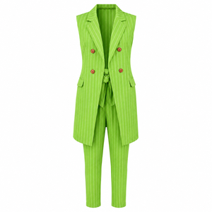 2026 Fall Office Casual Two-Piece Pants <b>Set</b> for Women Daily Wear Striped Print Sleeveless <b>Blazer</b> Button Decoration Worsted - Product Image 1