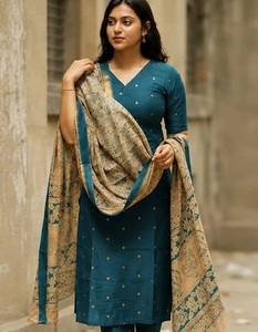 <b>Women</b> Blue Cotton Embroidered <b>Kurta</b> Set With Printed Dupatta Traditional Indian Pakistani Casual Office Wear - Product Image 1