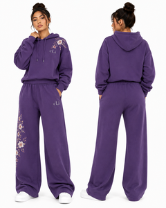 Wholesale Women's Flower Embroidery Hooded Tracksuit Relaxed Fit <b>Palazzo</b> <b>Pants</b> Private Label Full Sleeves Hoodies Supplier DTG - Product Image 4