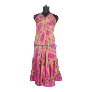 Nuevo Vestido Largo Bohemio Vintage de Seda Sari para Mujer, Cuello en V, Estampado Floral, Vestido de Playa, Vestido de Verano para Mujer, Vestido de Noche Elegante para Dama - Product Image 1