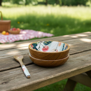 Eco Friendly Handmade Modern Wooden Daisy Mosaic Bowl and Spoon Set with Floral Design Plastic Free Packaging Business <b>Gift</b> - Product Image 1