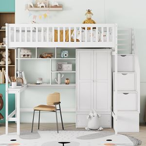 Letto a soppalco bianco full-size con libreria, cassetti, scrivania e armadio - Set di mobili per bambini - Product Image 2