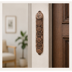 Étui à mezuzah artisanal en cuivre plaqué étain avec symboles juifs, Menorah traditionnelle et Étoile de David pour la bénédiction de la porte - Product Image 2