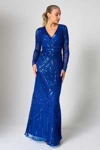 Vestido de noche de sirena de gasa transparente con cuello alto, manga acampanada, efecto ilusión, con relieve, cuentas y lentejuelas, largo hasta el suelo y cintura natural, color verde azulado. - Product Image 3