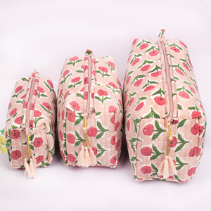 Ensemble de trousses souples matelassées en coton imprimé, écologiques et faites à la main, pliables, unisexe, pour maquillage et accessoires, sac de toilette portable grande capacité - Product Image 1