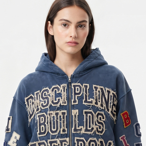 Sudadera con capucha extragrande con cremallera para mujer, estilo americano, holgada, con bordado desgastado y hombros caídos, para invierno - Product Image 4