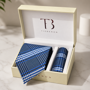 Conjunto de Corbata y Pañuelo de Bolsillo de Jacquard Azul a Cuadros Ecológico Premium |   Corbata de Diseño Personalizada 100% Poliéster para Hombre - Product Image 3