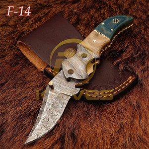 F-14 Damascus Steel Hunting <b>Knife</b> Drop Point Blade With Brass Bolster And Blue <b>Handle</b> 7 Inch Overall Lengthb - Product Image 1