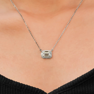 Lab Grown <b>Emerald</b> Cut Diamond <b>Pendant</b> Necklace Halo Charm Silver Plated for Women Wedding & Party Gift - Product Image 6