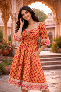 Vestido Largo Casual para Mujer con Mangas Abullonadas, Estampado Artesanal, Ribete Inferior, Cuello con Lazos y Bolsillos Laterales - Una Obra Maestra de la Moda - Product Image 4