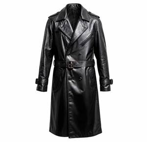 <b>Men</b> Genuine Leather <b>Long</b> Trench <b>Coat</b> Notched Lapel Double Breasted With Belt And Pockets Regular Fit - Product Image 3