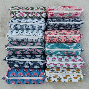 Indian Hand Block Printed Floral Eco-Friendly Greenish Cotton Handled Lightweight <b>Case</b> Quilted <b>Makeup</b> Pencil Travel Wash Zipper - Product Image 5