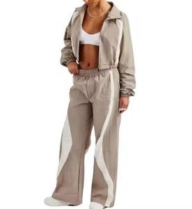 Women Tracksuit Two Piece Set Gray White Color Blocking Full Sleeve Zipper Jacket And <b>Pants</b> Loose Fit Autumn Wear - Product Image 3