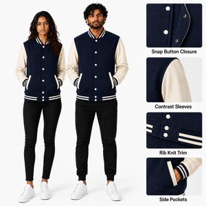 Chaqueta Varsity Unisex Azul Marino de Lana, Cortavientos, con Cuello Alto, Logotipo Frontal, Estilo Casual, Cierre de Botones Cubiertos, Corte Regular, para Invierno - Product Image 6