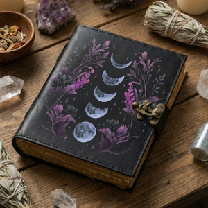 Libro Grimoire de Cuero con Fases Lunares Impresas, Libro Vintage con Papel de Borde Roto, Hecho a Mano, Tapa Dura, Libro de Rituales Mágicos y Ocultos Al-Amir - Product Image 6