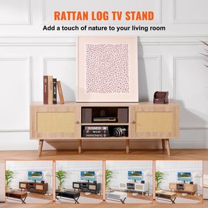 Metà del secolo moderno 65 pollici supporto TV Boho Rattan & rovere porta USB porta porta regolabile per sala multimediale soggiorno - Product Image 3