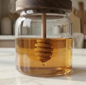 <b>Glass</b> Honey Jar with Wooden <b>Lid</b> and Dipper, Minimalist Honey Pot, Walnut Top Honey <b>Container</b> <b>for</b> Tea, Kitchen Storage Gift - Product Image 2