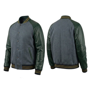 Unisex Varsity Jacket Green Wool Sleeve Woolen Body <b>Covered</b> <b>Button</b> Closure Regular Fit Winter Casual Wear Windproof Breathable - Product Image 1