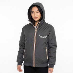 Veste à capuche noire pour homme avec logo aile, fermeture éclair, coupe-vent, style décontracté hiver, rembourrage polyester épais - Product Image 3