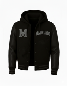 Veste de baseball universitaire à capuche pour homme, personnalisée avec logo frontal, style Maryland, en laine noire, imperméable et respirante, streetwear, vêtement d'extérieur - Product Image 2