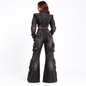 Womens <b>Black</b> Denim Cargo Two Piece Set <b>Cropped</b> Jacket Wide Leg Jeans Gothic Streetwear Fashion Wholesale - Product Image 2