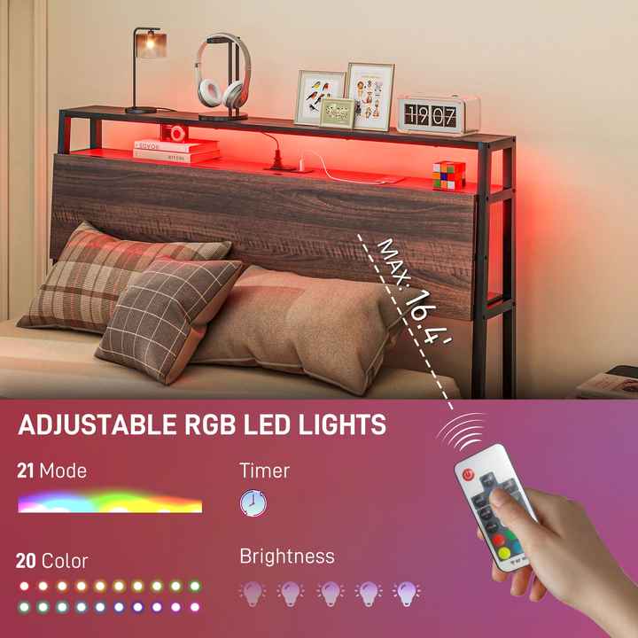 Noise-Free Walnut Full Size Bed Frame with LED Lights & Charging Station Up-Holstered Storage Headboard