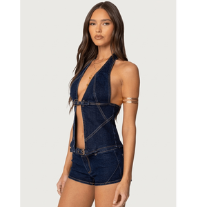 Indigo Denim Halter & Micro Short Set Buckled Waistcoat Top & Slim Fit Denim Shorts Sculpted Denim Vest and Low Rise Shorts Set - Product Image 6