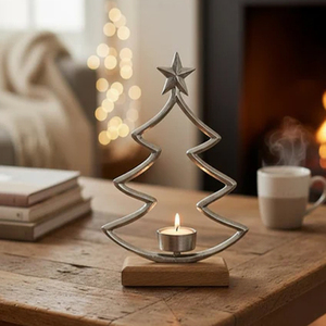 Décoration de Noël, porte-bougie en métal en forme d'arbre, porte-bougie artisanal en métal avec base en bois de manguier massif - Product Image 1