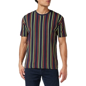 OEM 100% algodón clásicos hombres impreso cuello redondo de gran tamaño corte Retro rayas patrón acanalado escote camisetas camiseta - Product Image 1