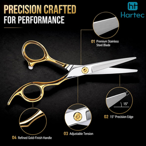 Ciseaux professionnels pour la coupe de cheveux, finition dorée, verre trempé, avec élégante boîte cadeau, pour les acheteurs en gros, emballage personnalisé - Product Image 5
