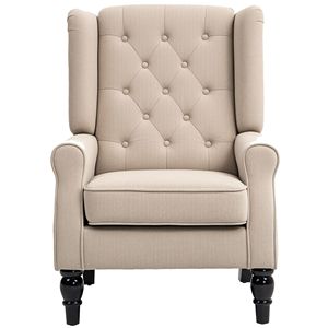 Poltrona con Schienale Alto e Bottoni Decorativi per Soggiorno, Sedia Lounge Beige con Braccioli Rotondi e Gambe in Legno - Product Image 1
