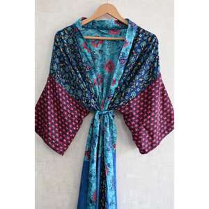 Kimono largo de seda con patchwork, estilo bohemio, para novias, hecho a mano, estampado, talla grande, transpirable, para otoño, para mujer. - Product Image 3